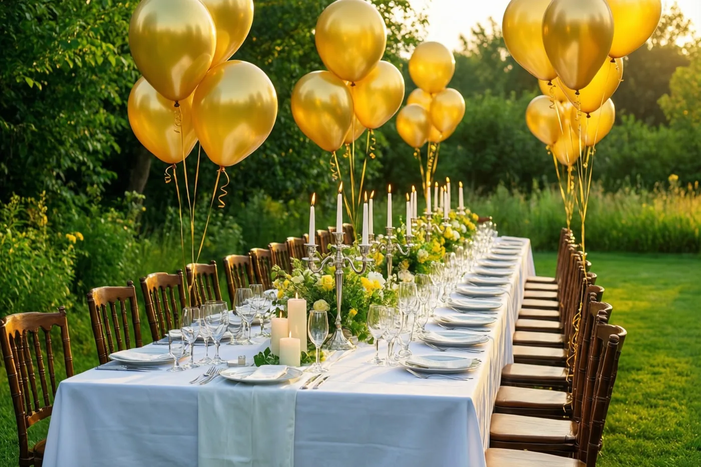 In een weelderige groene tuin staat een lange tafel met wit linnen, kaarsen en glazen in goudkleurig avondlicht, met trossen gouden ballonnen erboven.