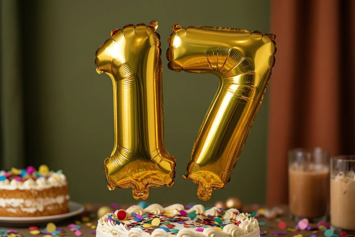 Grote gouden folieballonnen vormen 17 boven een feesttafel met kleurrijke confetti en twee taarten tegen een donkergroene en bruine achtergrond.