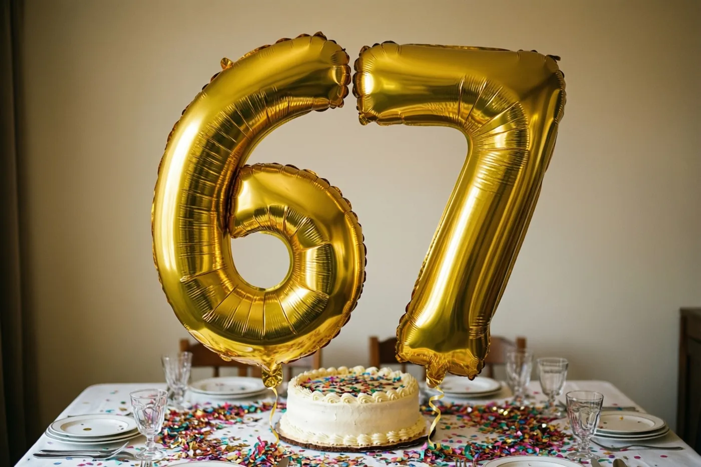 Grote gouden folieballonnen vormen 67 boven een feestelijk gedekte tafel met gekleurde confetti en een taart met wit glazuur, in warm licht voor een effen beige muur.