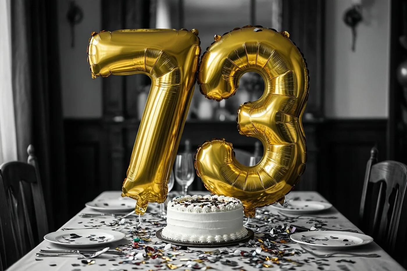 Gouden folieballonnen vormen 73 boven een tafel met een witte taart, confetti en borden in een schemerige kamer met donkere houten meubels en een monochrome achtergrond.