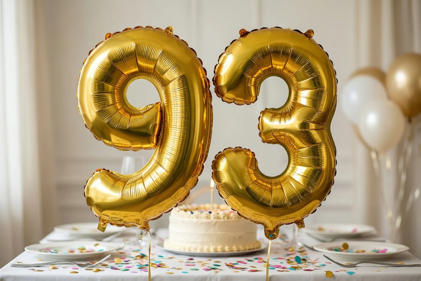 Twee glanzende gouden ballonnen in de vorm van een 9 en een 3 hangen boven een tafel met kleurrijke confetti en een witte taart.