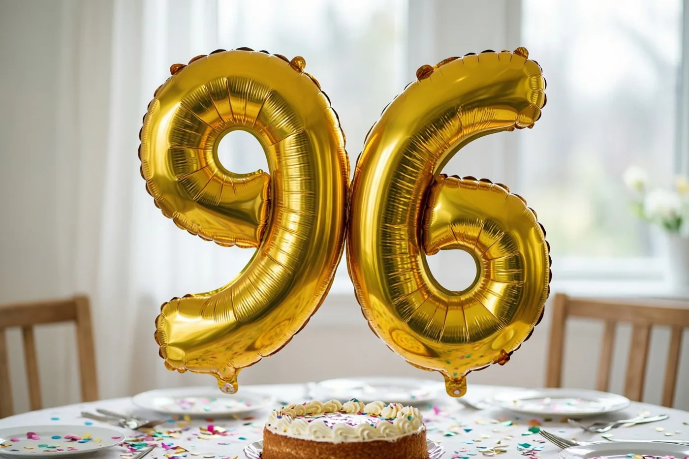 Grote goudkleurige folieballonnen vormen 96 boven een tafel met kleurrijke confetti en een kleine wit geglazuurde taart, in het licht van een raam.