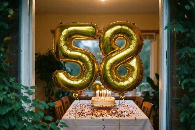 Gouden cijferballonnen vormen 58 boven een tafel met taart, brandende kaarsjes en confetti, gezien door een deuropening met groen aan weerszijden.