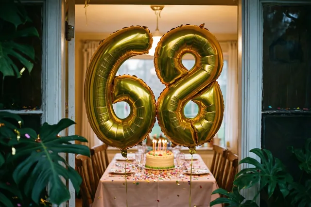 Door een deuropening is een warm verlichte eetkamer te zien met gouden folieballonnen in de vorm van 68 boven een tafel met taart en confetti, met planten aan weerszijden.