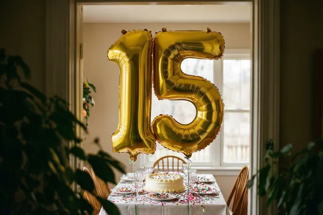 Door een deuropening zijn grote gouden folieballonnen met 15 te zien boven een feesttafel met taart en confetti in een warm verlichte kamer.
