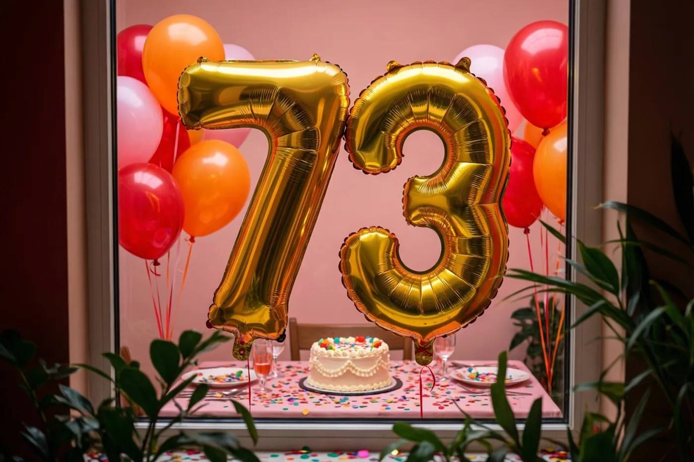 Door een raam is een tafel met taart en confetti te zien onder gouden folieballonnen in de vorm van 73, omringd door kleurrijke ballonnen en planten.