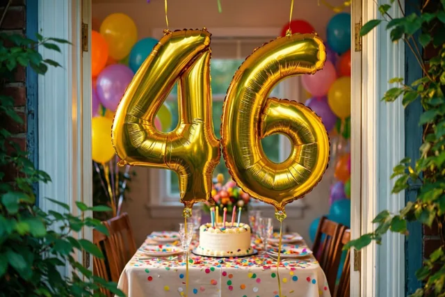 Door een open deuropening met groen aan weerszijden zijn gouden ballonnen in de vorm van 46 en een tafel met verjaardagstaart en confetti te zien.
