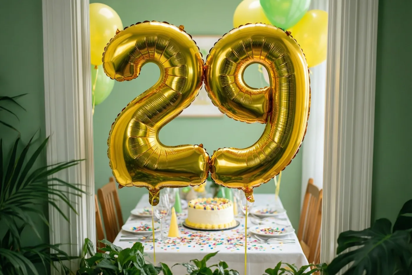 Gouden folieballonnen in de vorm van 29 hangen boven een tafel met taart, borden en confetti in een groene kamer met witte afwerking, gezien door een deuropening.