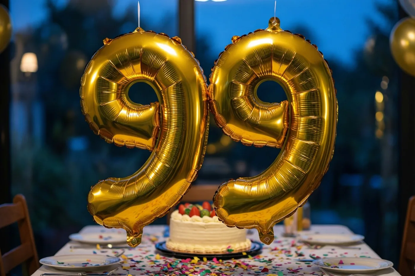 Twee grote glanzende gouden folieballonnen vormen 99 boven een tafel met kleurrijke confetti en taart, binnenshuis bij schemering tegen een onscherpe blauwe achtergrond.