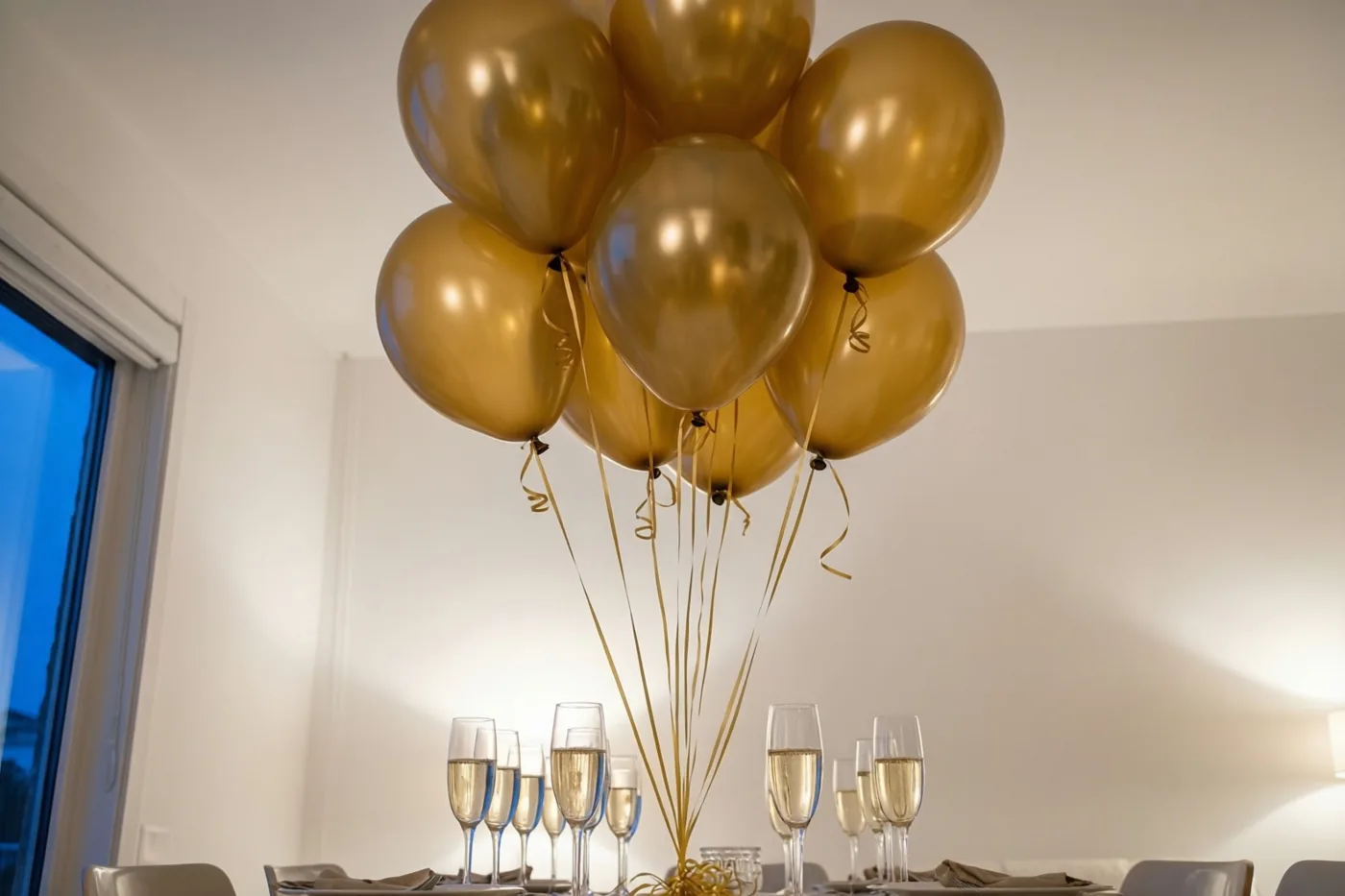 Gouden ballonnen zweven boven een tafel met champagneglazen in een sober ingerichte witte kamer, met zacht binnenlicht en schemering achter het raam.