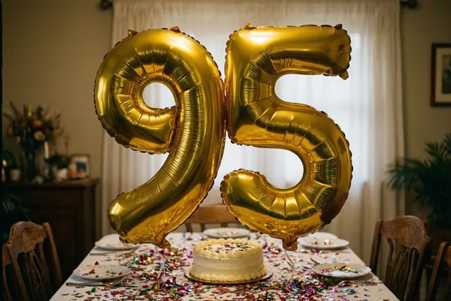 Grote gouden folieballonnen in de vorm van 9 en 5 zweven boven een tafel met confetti en een kleine taart in een warm verlichte eetkamer met houten stoelen en gordijnen.