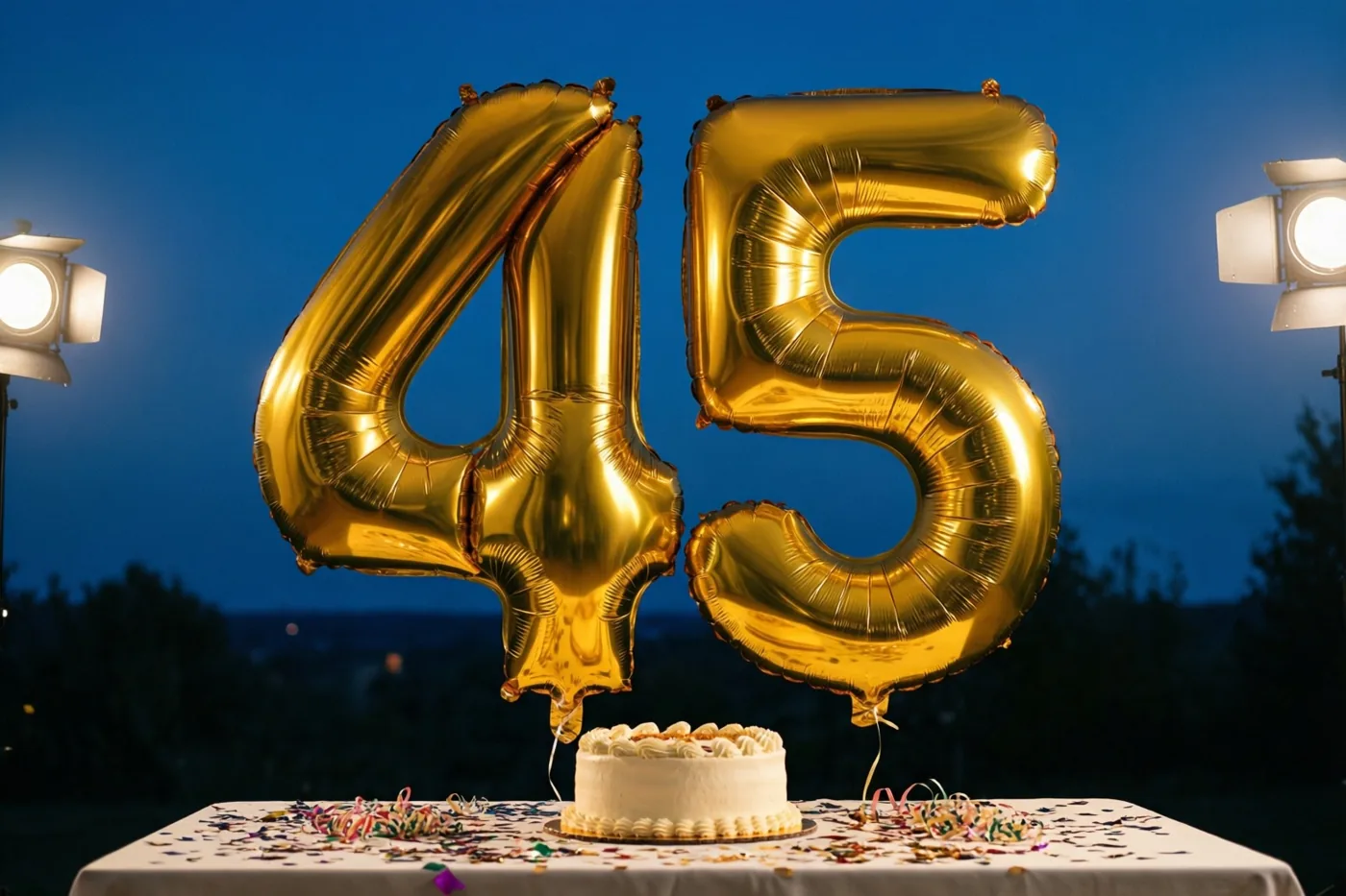 Gouden folieballonnen vormen 45 boven een tafel met taart en confetti, buiten onder een donkerblauwe avondlucht en verlicht door spots.