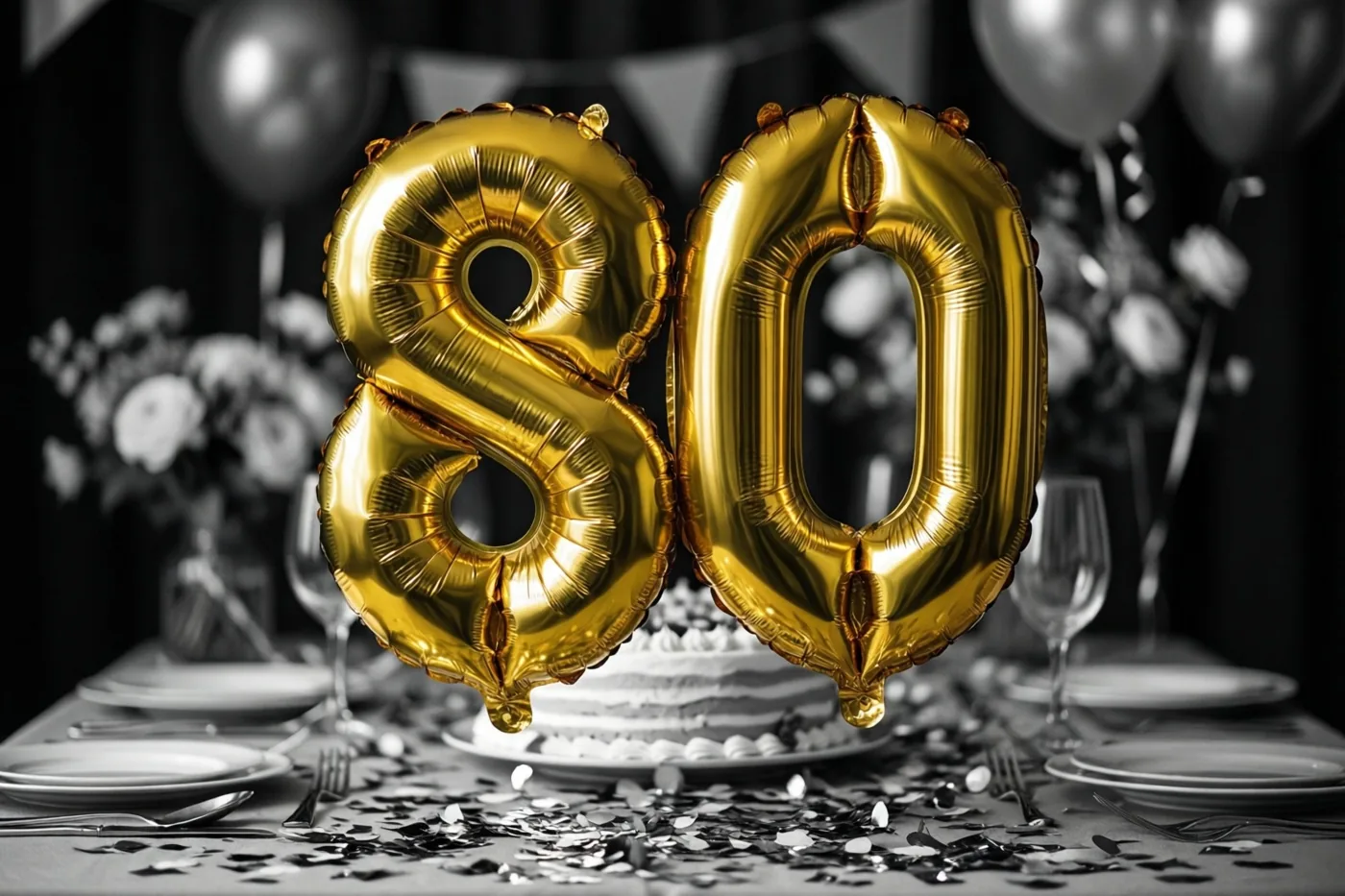 Glanzende gouden folieballonnen vormen het getal 80 boven een feestelijk gedekte tafel met confetti en taart in een verder zwart-witte omgeving.