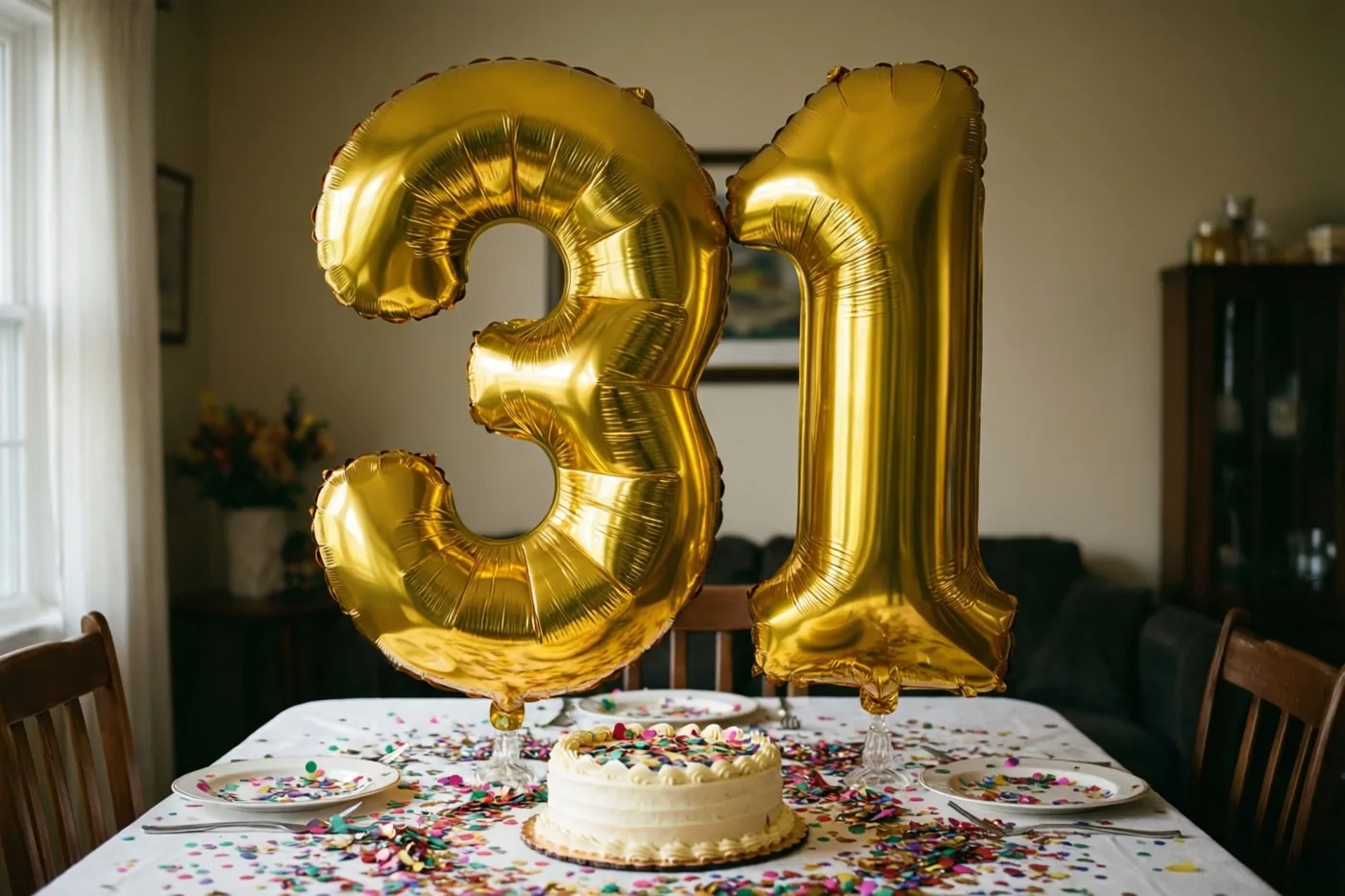Gouden folieballonnen vormen 31 boven een tafel met kleurrijke confetti en een kleine taart in een warm verlichte eetkamer met houten stoelen en een raam.