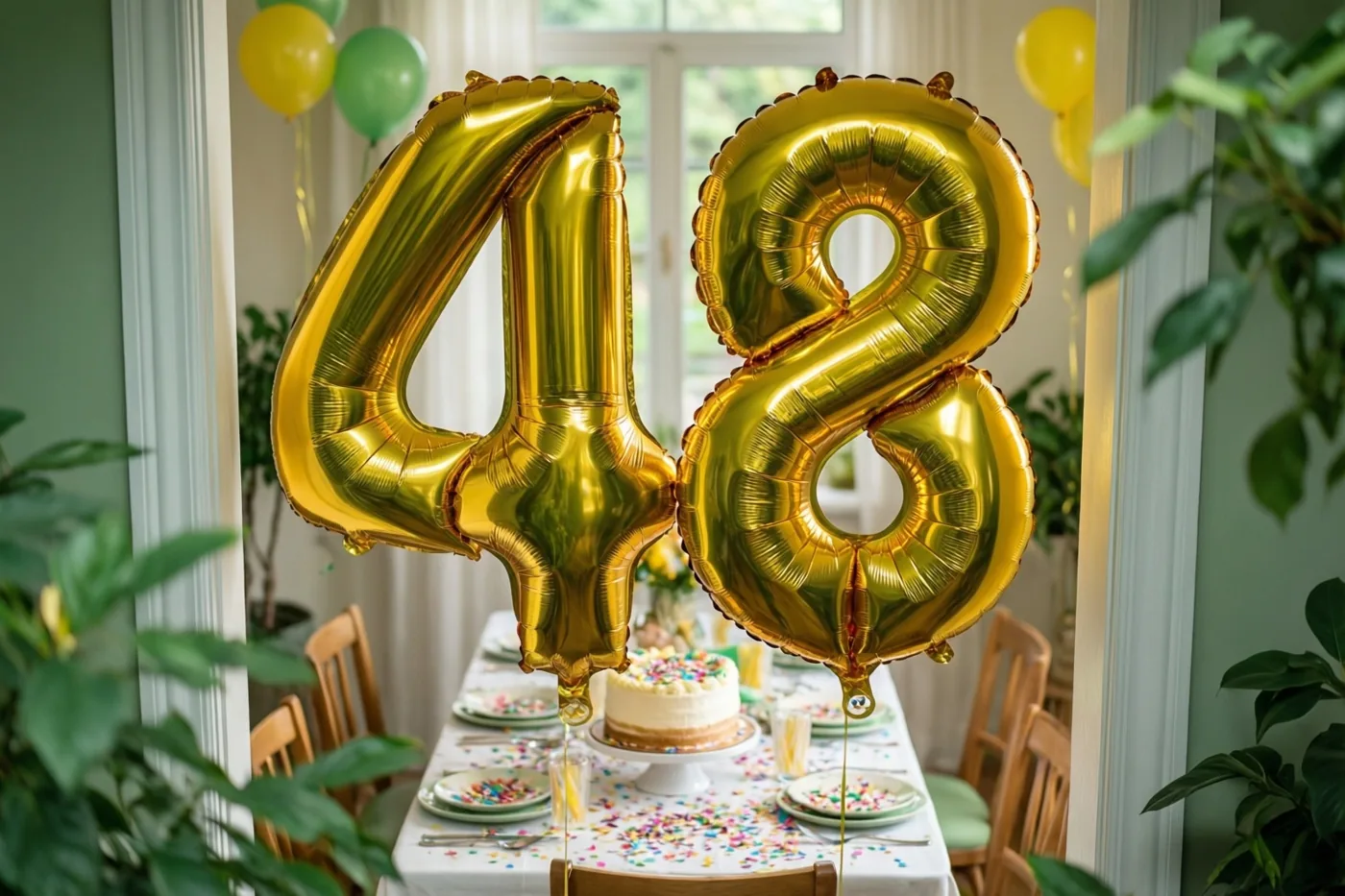 Grote glanzende gouden folieballonnen vormen 48 boven een feestelijk gedekte tafel met confetti en taart, in daglicht van een raam met groene planten op de achtergrond.