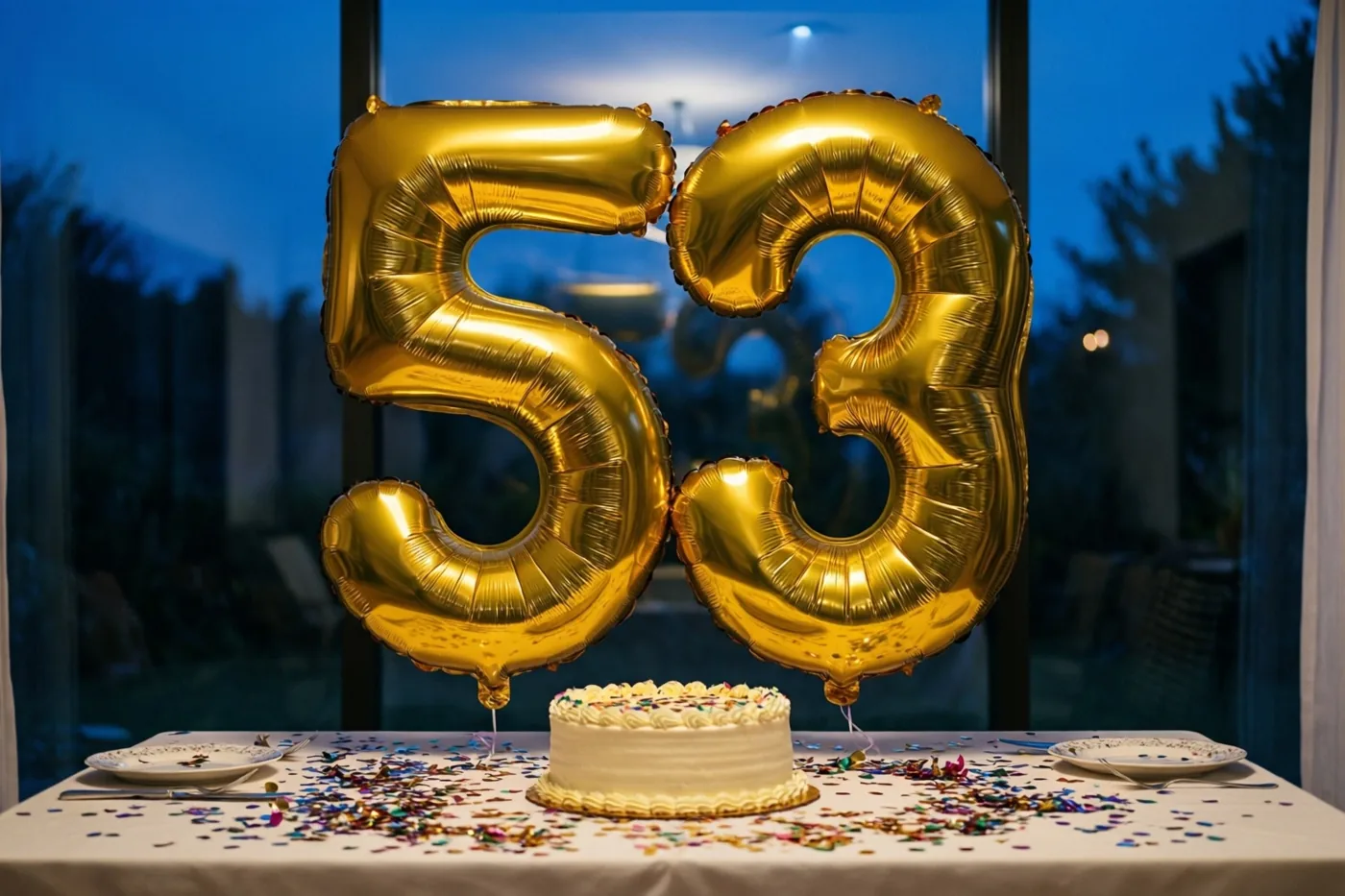 Twee grote gouden folieballonnen in de vorm van 5 en 3 zweven boven een tafel met een witte taart en confetti, met een blauwe avondlucht achter het raam.
