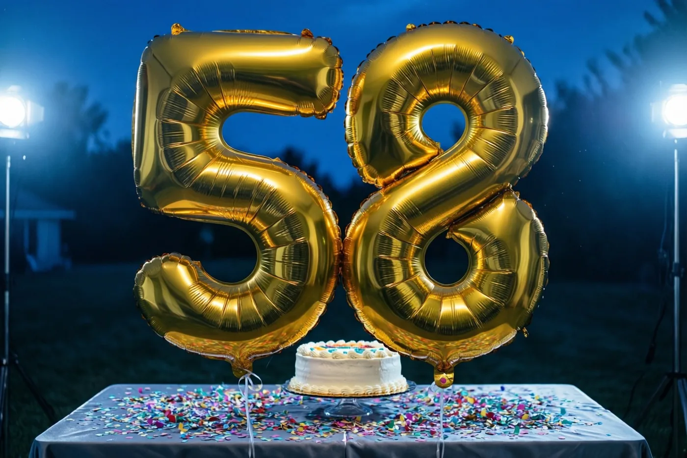 Gouden cijferballonnen vormen 58 boven een tafel met confetti en een kleine witte taart, buiten onder felle spots en een donkerblauwe hemel.