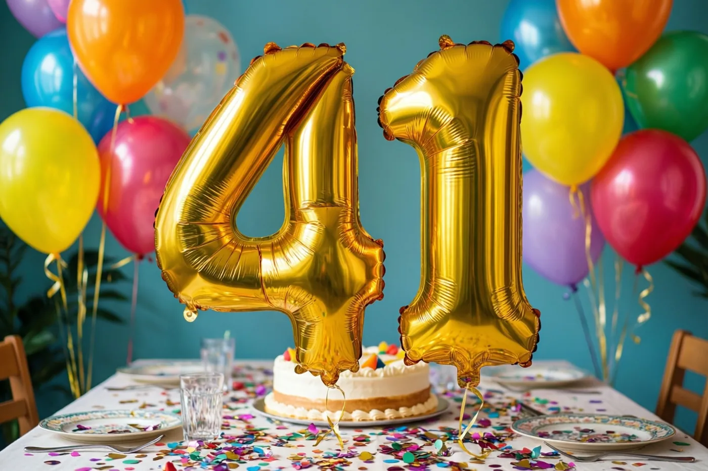 Gouden folieballonnen vormen 41 boven een feesttafel met taart en kleurrijke confetti, tegen een blauwe muur met gekleurde ballonnen.