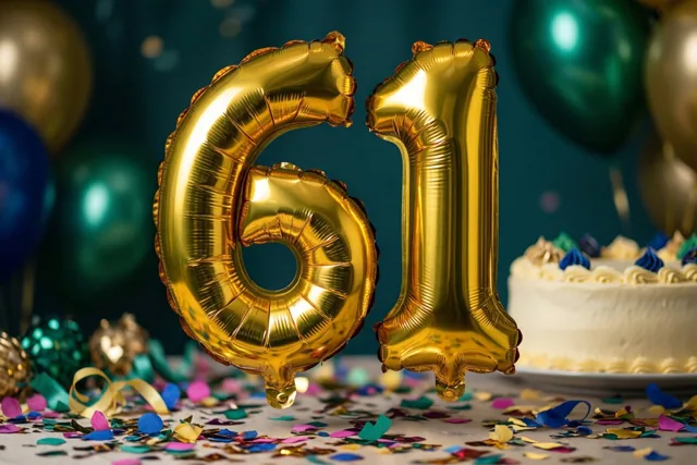 Gouden cijferballonnen 61 hangen boven een tafel met gekleurde confetti en een witte taart, tegen een donkerblauwgroene achtergrond met onscherpe ballonnen.