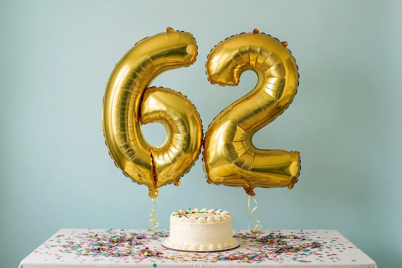 Gouden folieballonnen in de vorm van 6 en 2 zweven boven een witte tafel met confetti en een kleine witte taart tegen een lichtblauwe achtergrond.