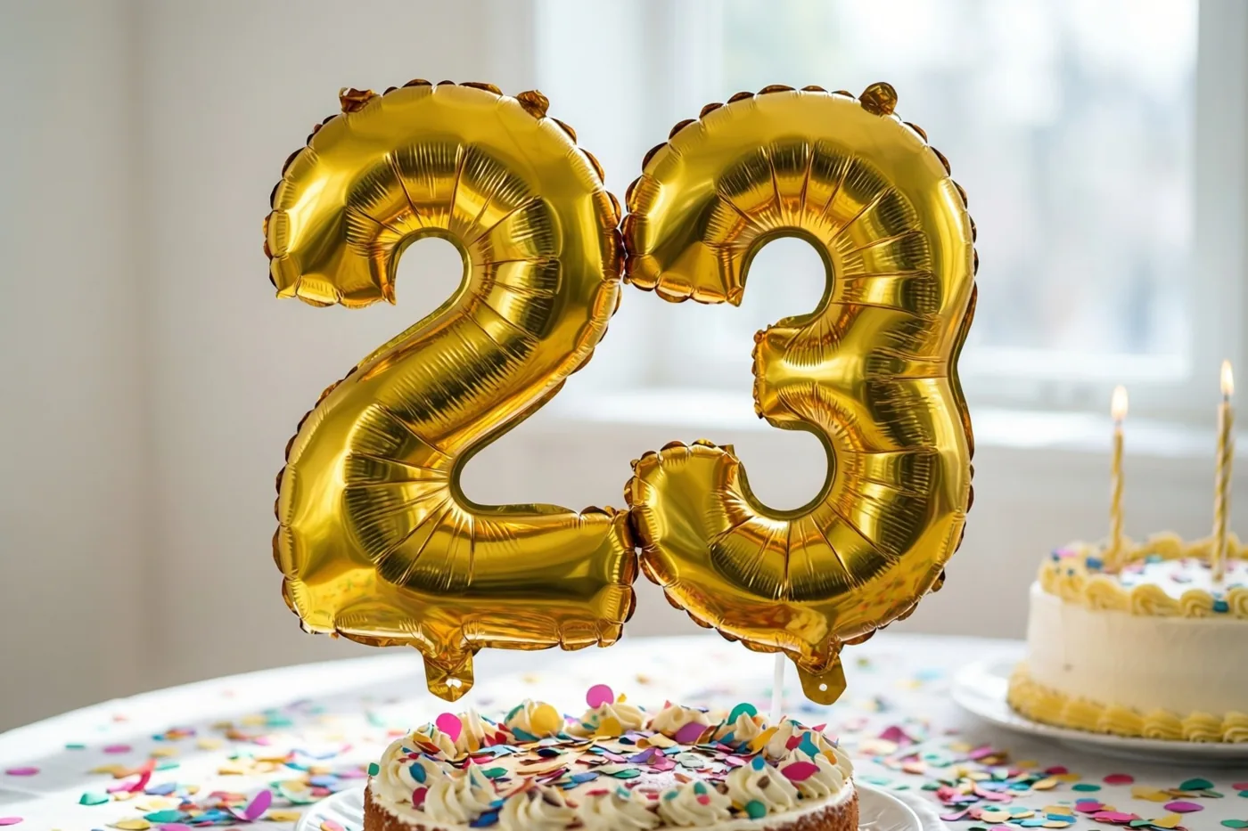 Twee gouden cijferballonnen vormen 23 boven een taart op een tafel met confetti, tegen een witte achtergrond in zacht daglicht.