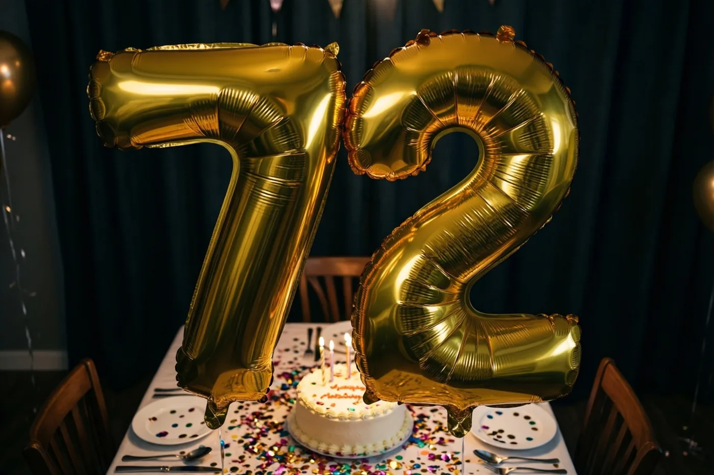 Gouden folieballonnen vormen 72 boven een tafel met confetti en een taart met brandende kaarsen, voor donkere gordijnen in warm licht.