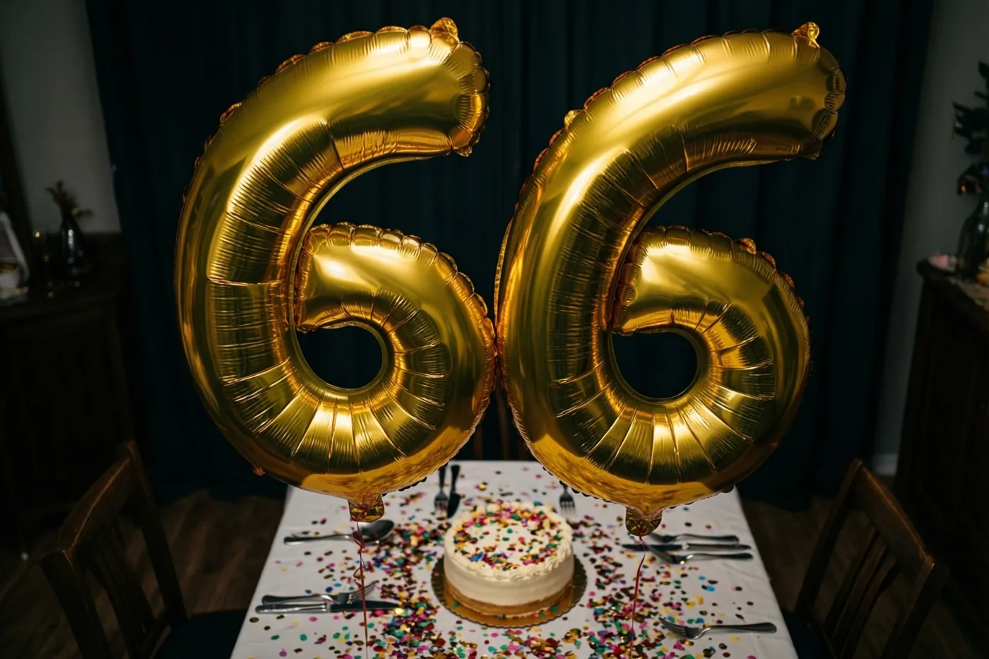 Twee grote glanzende gouden folieballonnen vormen 66 boven een tafel met gekleurde confetti en een kleine taart, met donkere gordijnen op de achtergrond.