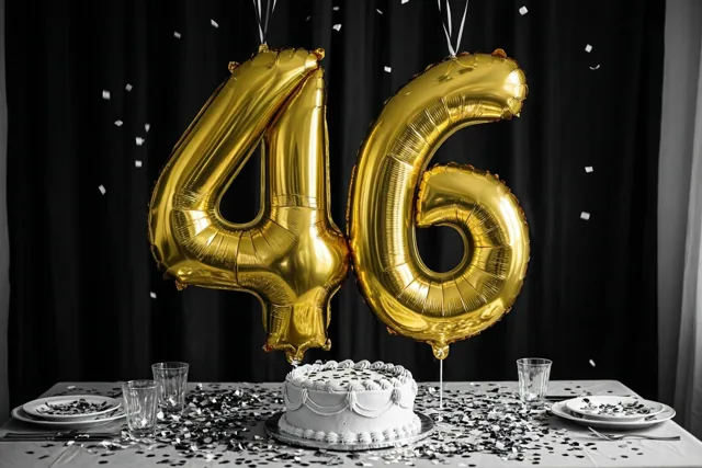 Gouden folieballonnen in de vorm van 46 zweven boven een tafel met taart en confetti voor een zwart gordijn.