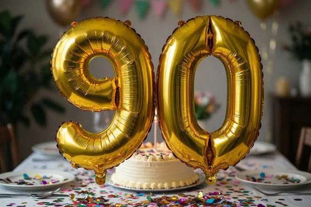 Twee glanzende gouden cijferballonnen vormen 90 boven een feesttafel met kleurrijke confetti en een witte taart in een zacht verlichte kamer.