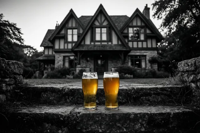 Twee glazen goudkleurig bier staan op verweerde stenen treden voor een groot trapgevelhuis, terwijl de rest van het beeld zwart-wit is.