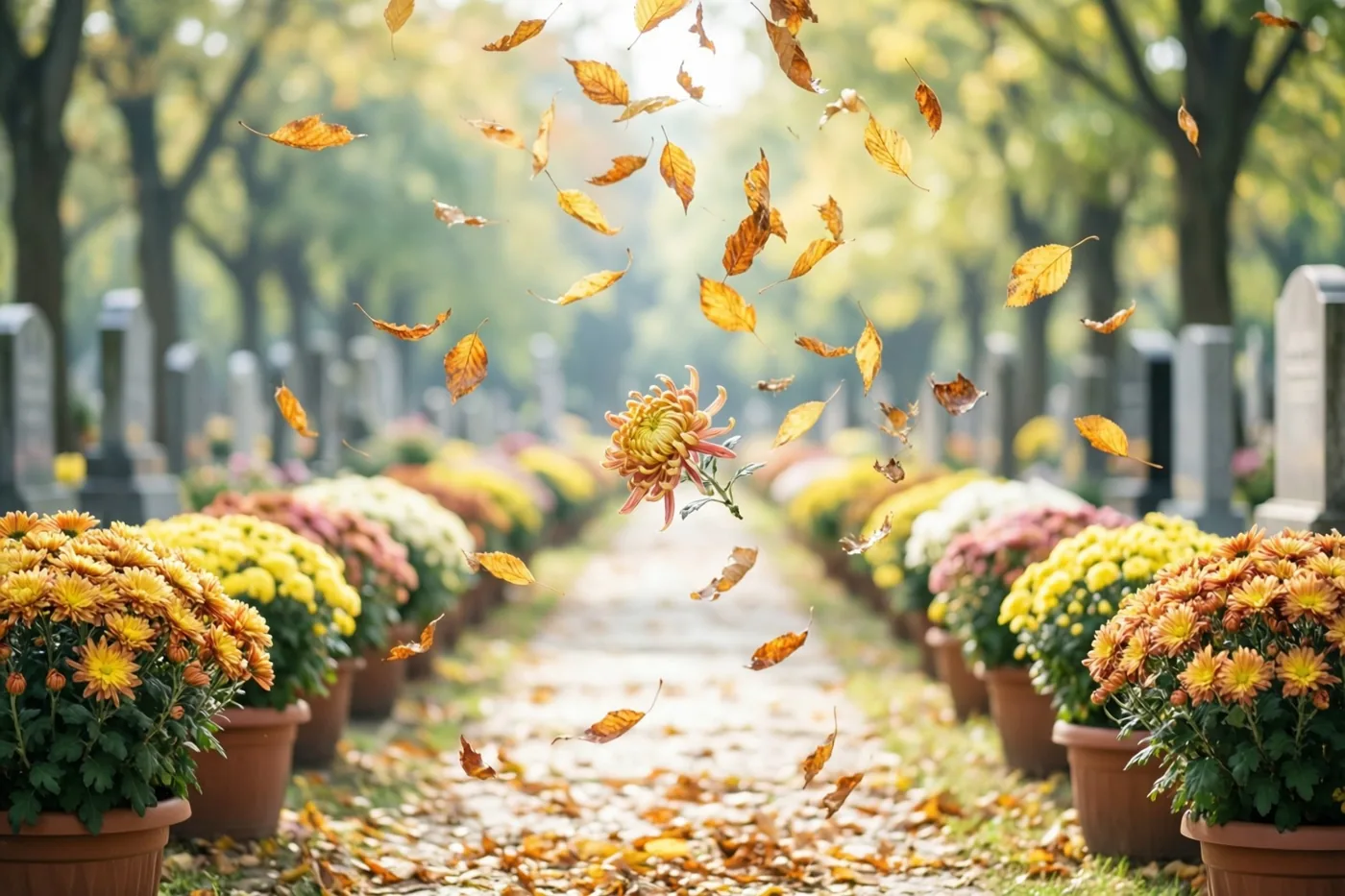 Potten chrysanten staan langs een begraafplaatspad met dwarrelende gouden herfstbladeren in zacht, warm licht en een gedeeltelijk onscherpe achtergrond.