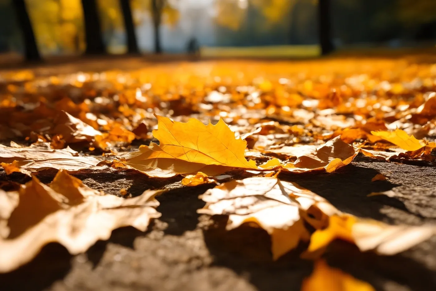 Goudkleurige herfstbladeren liggen op een donker pad in warm zonlicht, met onscherpe bomen en gebladerte op de achtergrond.