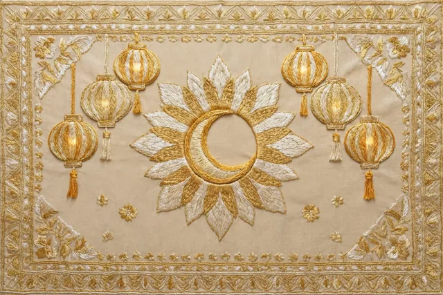 Een beige tafelkleed heeft een geborduurde maansikkel met hangende lantaarns eromheen, omlijst door sierlijk goudkleurig borduurwerk.