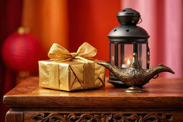 Een gouden cadeaudoos met een strik staat naast een decoratieve lantaarn op een houten tafel met snijwerk, tegen een warme rode en oranje achtergrond.