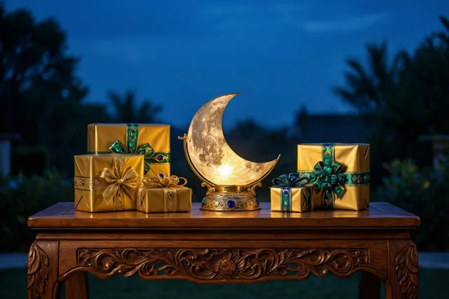 Goudkleurig ingepakte cadeaus met groene linten staan naast een lichtgevende maanlantaarn op een houten tafel met snijwerk, buiten onder een donkerblauwe avondhemel.