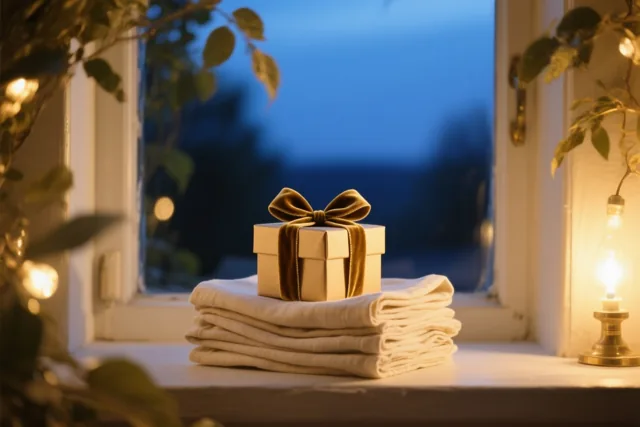 Een klein gouden geschenkdoosje met een fluwelen strik staat op opgevouwen crèmekleurige linnen servetten op een vensterbank, met een lamp, lichtslingers en een blauwe schemerlucht buiten.