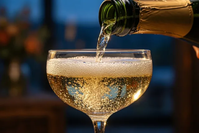 Goudkleurige champagne wordt in een kristallen coupe geschonken, met schuim tot aan de rand tegen een wazige, warm verlichte achtergrond.