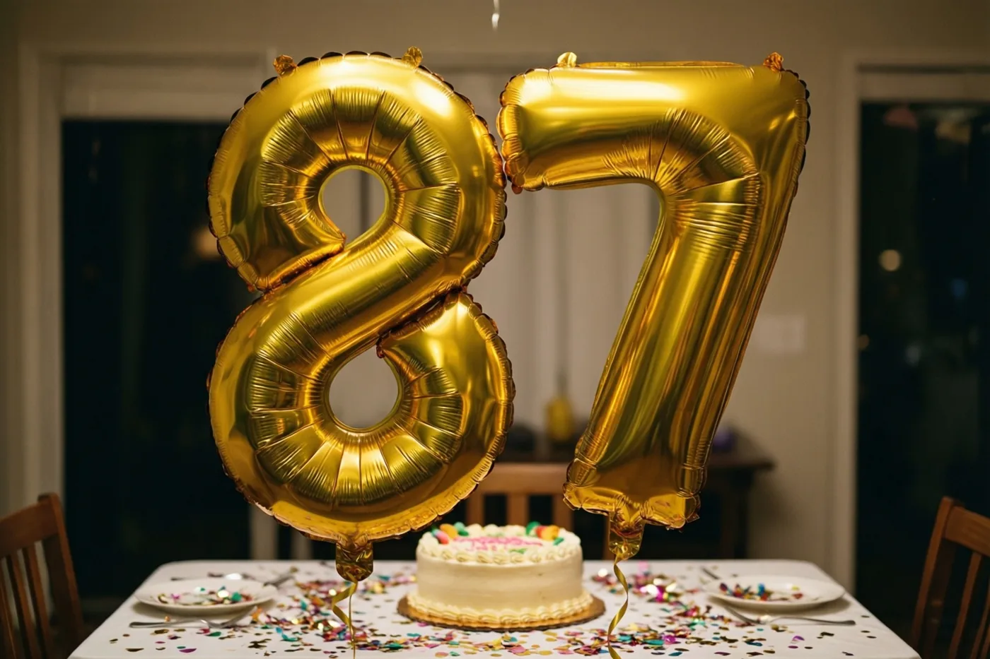 Gouden folieballonnen in de vorm van een 8 en een 7 zweven boven een tafel met een verjaardagstaart en confetti.