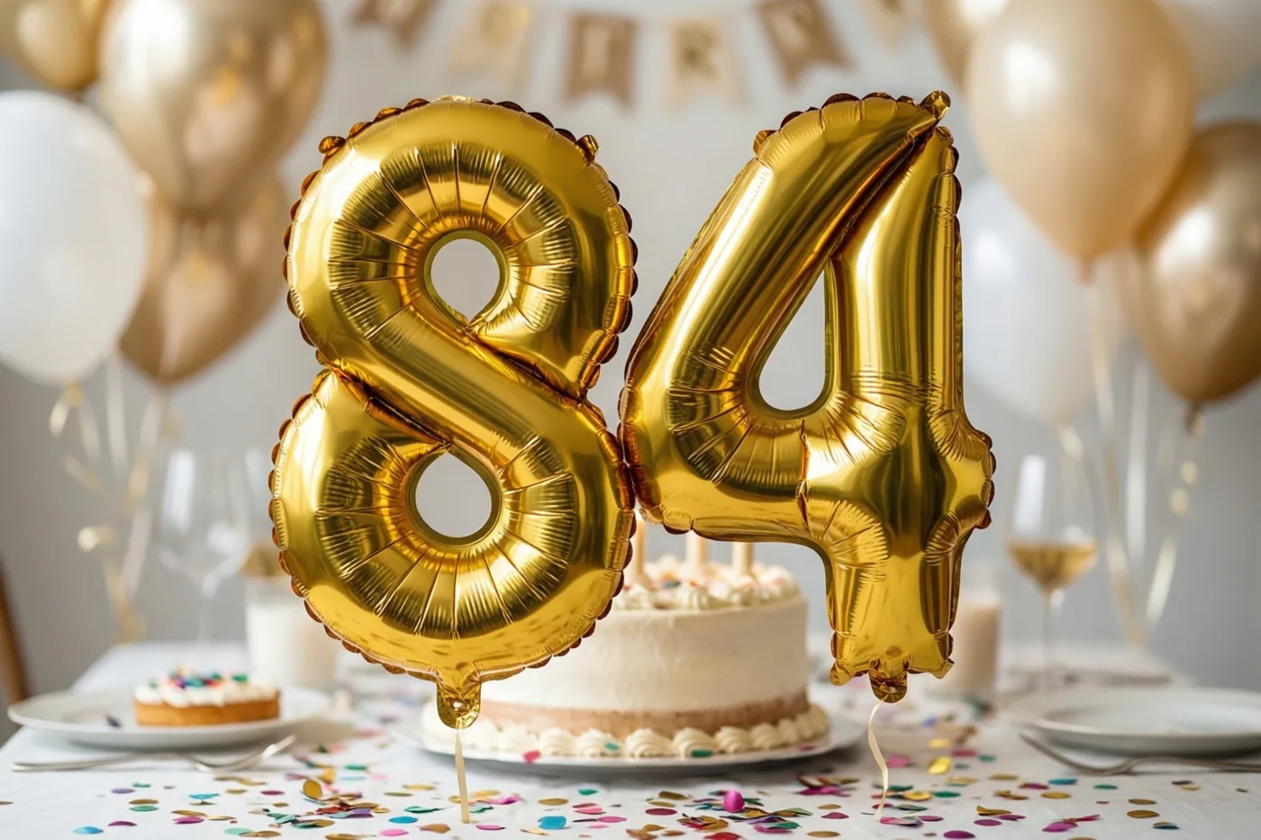 Gouden folieballonnen vormen 84 boven een tafel met confetti en een witte taart, met gouden en witte ballonnen en een spandoek op de achtergrond.