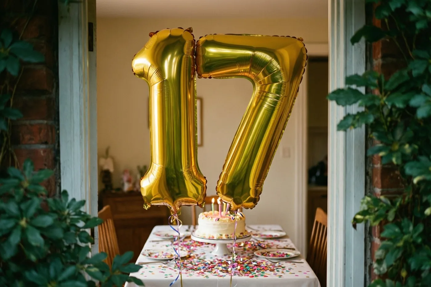 Gouden folieballonnen vormen 17 boven een tafel met kleurrijke confetti en een verjaardagstaart in een warm verlichte ruimte, omlijst door een deuropening en groen.
