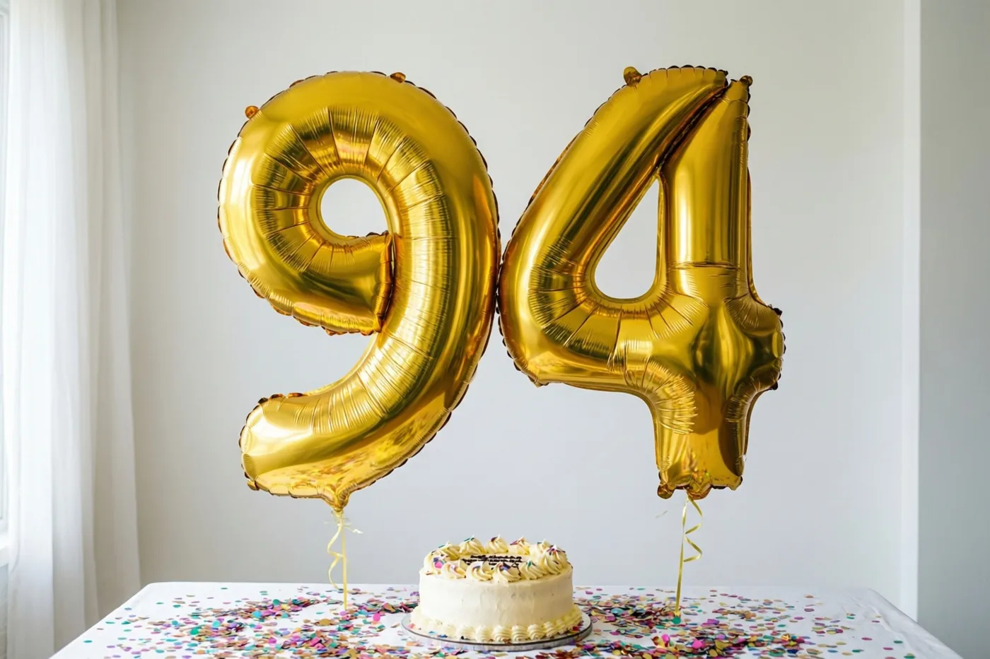 Twee grote gouden folieballonnen vormen 94 boven een tafel met kleurrijke confetti en een kleine taart, tegen een witte muur en een gordijn.