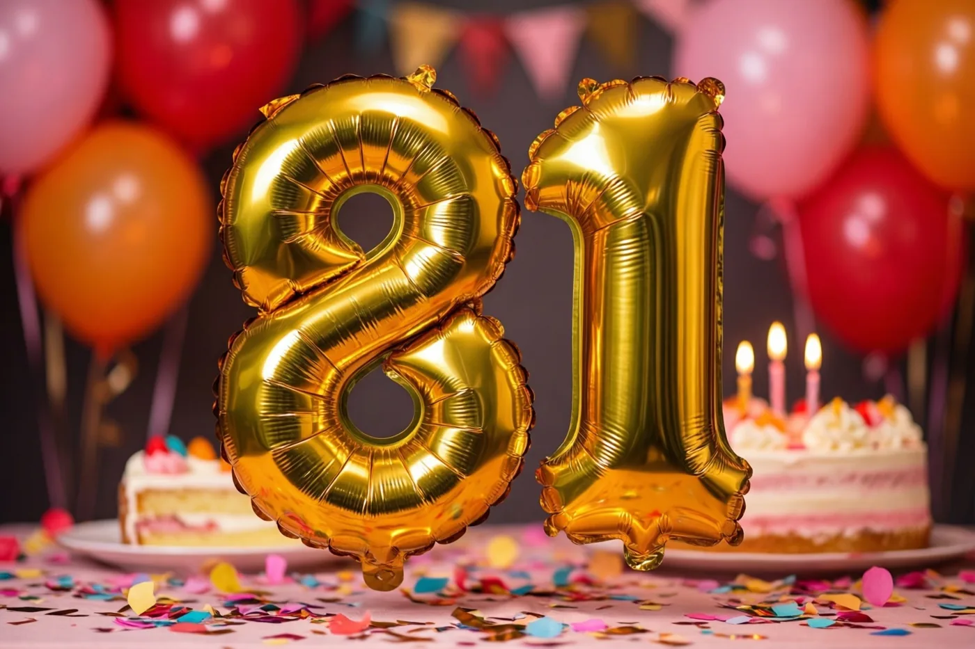 Grote glanzende gouden folieballonnen vormen 81 boven een feesttafel met kleurrijke confetti en een verjaardagstaart, met meer ballonnen op de achtergrond.