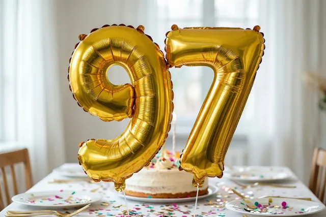 Twee grote glanzende goudkleurige ballonnen in de vorm van 9 en 7 zweven boven een feesttafel met kleurrijke confetti en een taart met kaarsen.
