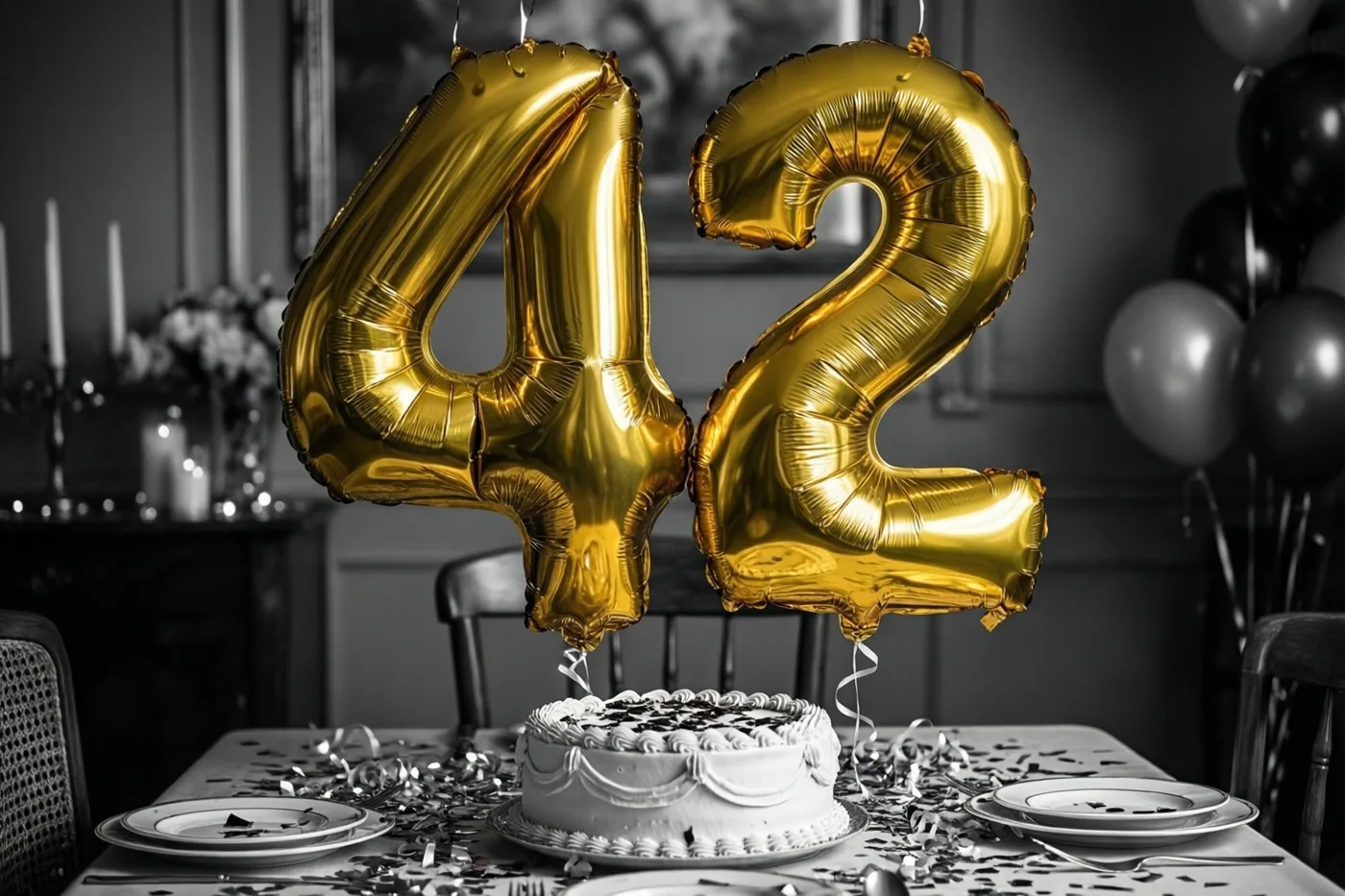 Gouden folieballonnen vormen 42 boven een taart met wit glazuur op een feesttafel met confetti, in een schemerige kamer met zwart-witte achtergrondelementen.
