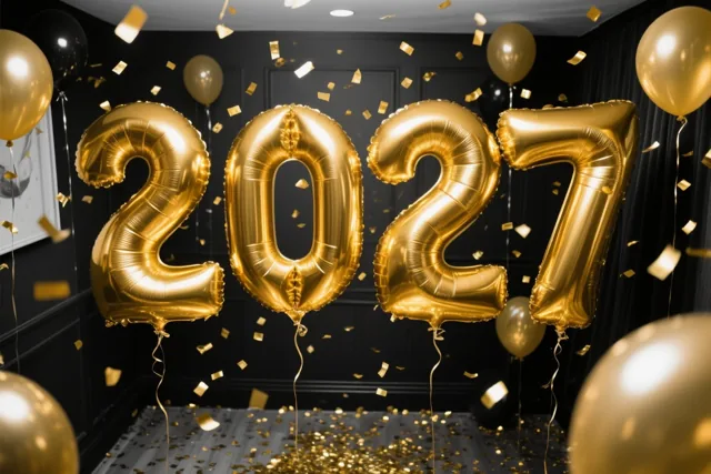 Grote gouden folieballonnen vormen 2027 in een donkere kamer met zwarte muren en gouden confetti op de vloer.