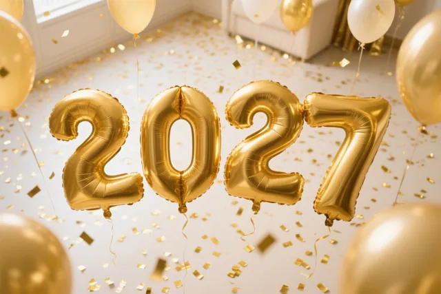 Grote gouden folieballonnen vormen 2027 in een lichte kamer met gouden confetti, een witte vloer en meubels op de achtergrond.