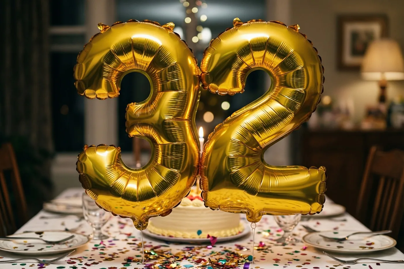 Gouden folieballonnen in de vorm van 32 zweven boven een warm verlichte feesttafel met kleurrijke confetti en een taart.