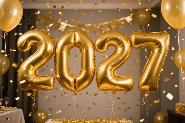 Grote gouden folieballonnen vormen 2027 in een versierde feestruimte met vallende gouden confetti en overwegend gouden en witte tinten.
