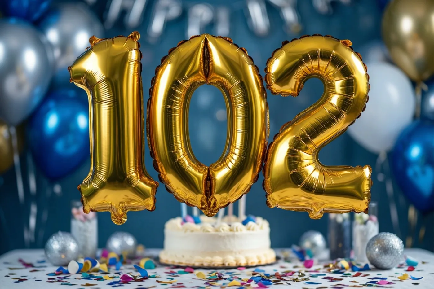 Drie grote gouden folieballonnen vormen 102 boven een tafel met kleurrijke confetti en een kleine taart, tegen een donkerblauwe achtergrond met onscherpe blauwe en zilveren ballonnen.