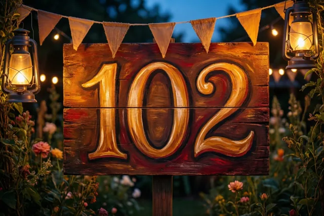 Een houten bord met 102 in goud staat bij schemering in een tuin met lantaarns en vlaggetjes, in warme gouden en dieprode tinten.
